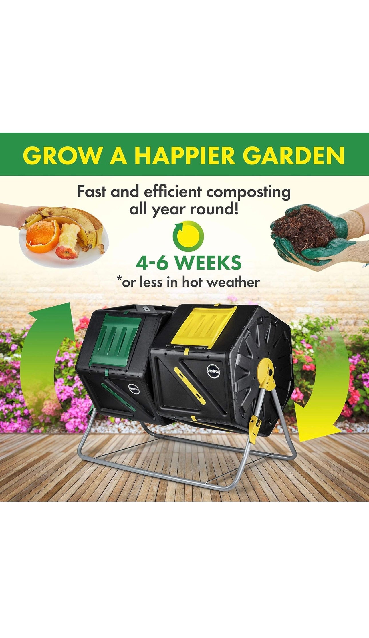 Miracle-Gro Large Dual Chamber Compost Tumbler – Easy-Turn, Fast-Working System – All-Season, Heavy-Duty, High Volume Composter with 2 Sliding Doors 37 Gallon 140 Liter