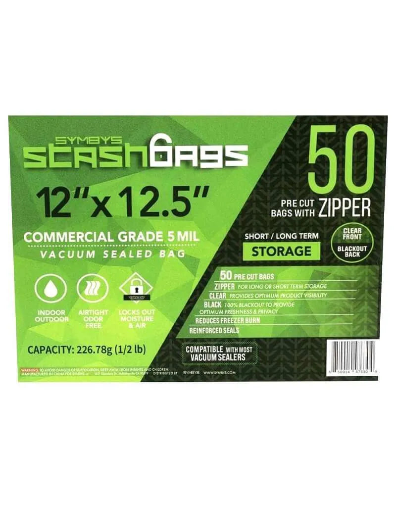 SYMBYS StashBags – 12″ x 12.5″ Black & Clear Pre-Cut Vacuum Seal Bags w/Zipper (50ct)